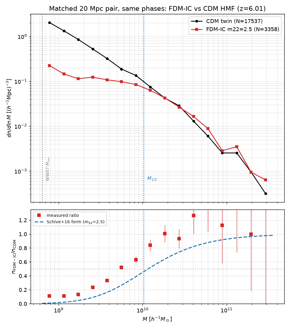 FDM-IC vs CDM halo mass function, matched phases